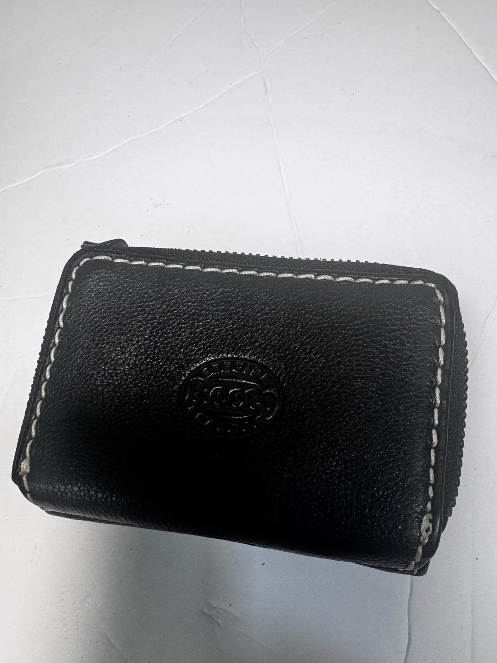 Roots Black Leather Trifold Wallet White Stitch Zip Coin Pocket Organizer Case - Picture 4 of 15
